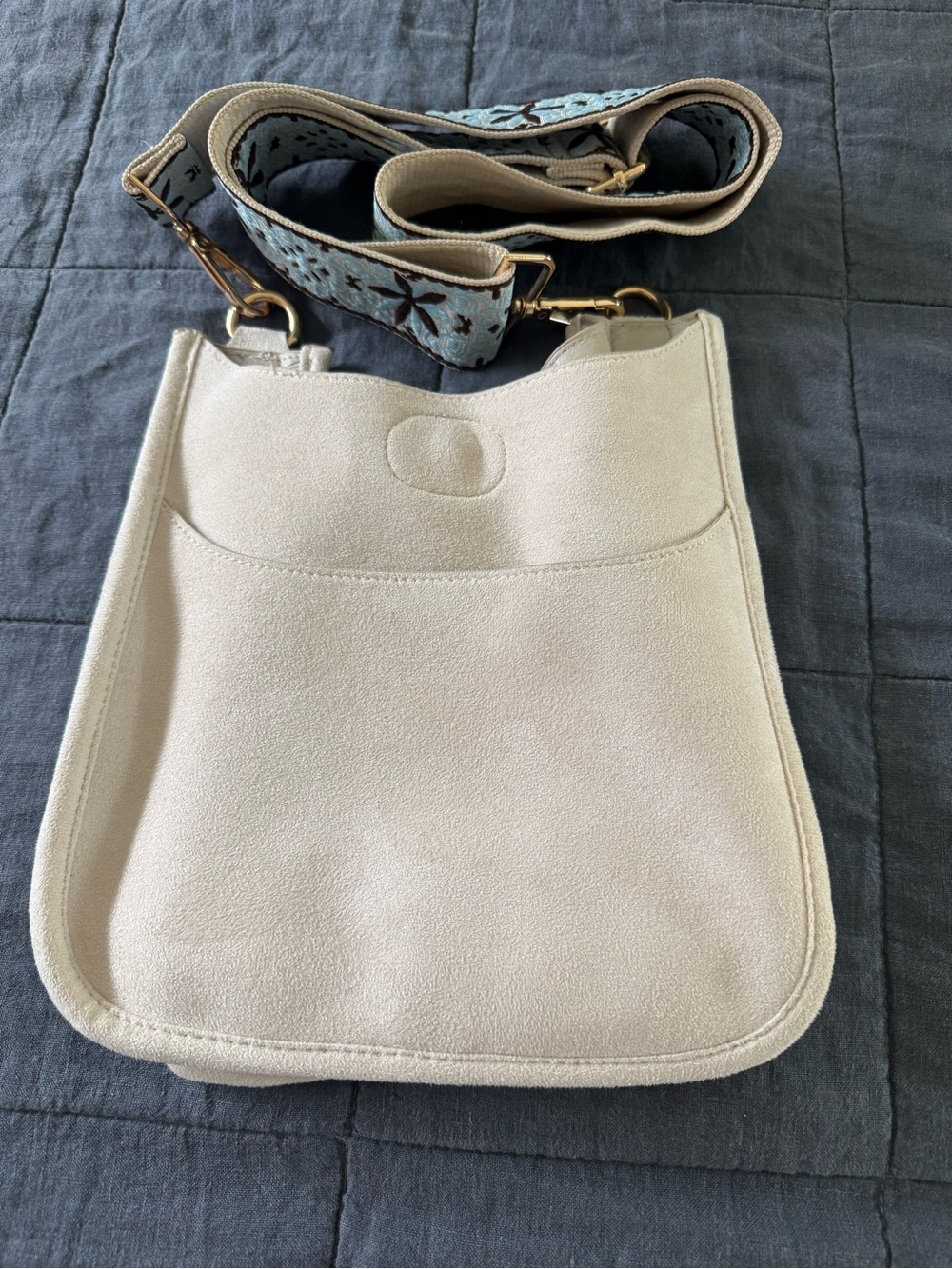 Cream Suede Shoulder Bag with Embroidered Detachable Strap
